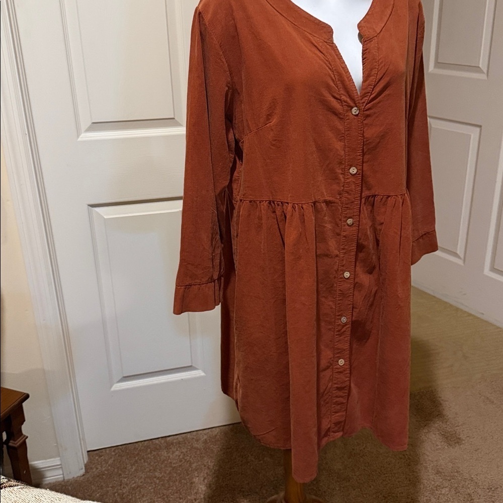 Rust Button-Down Dress. Made in Italy. Large/XL. Lightweight corduroy. - Picture 4 of 11